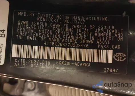 2007 Toyota Avalon Limited z USA, uszkodzony, nr VIN 4T1BK36B77U232476